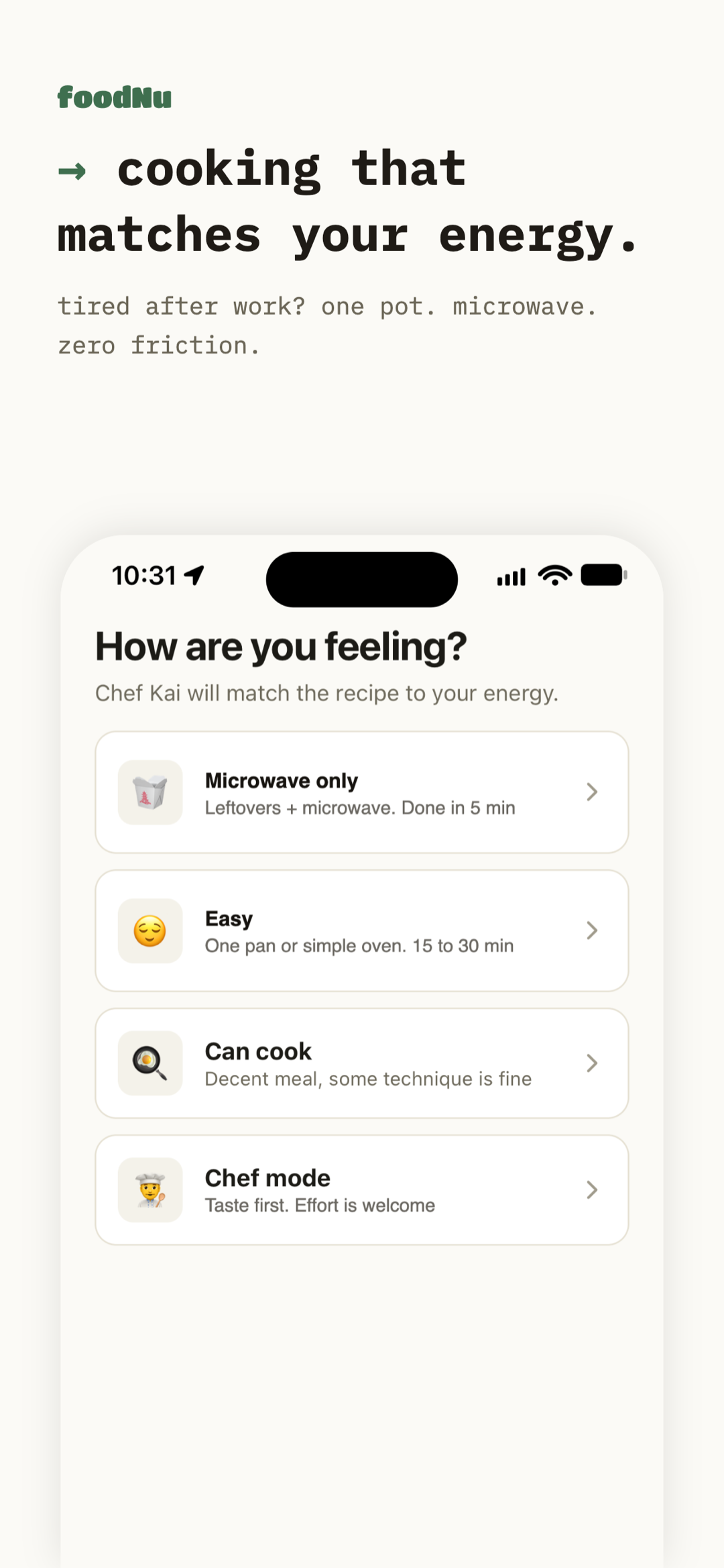 Energy selector: microwave only, easy, can cook, chef mode