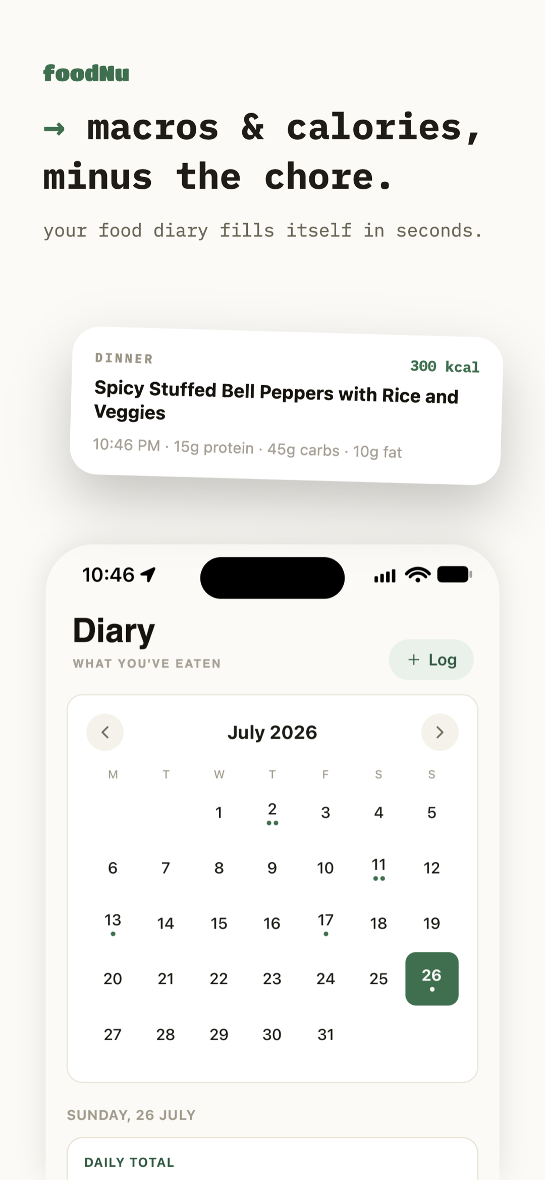 Food diary calendar with an auto-logged meal and its macros