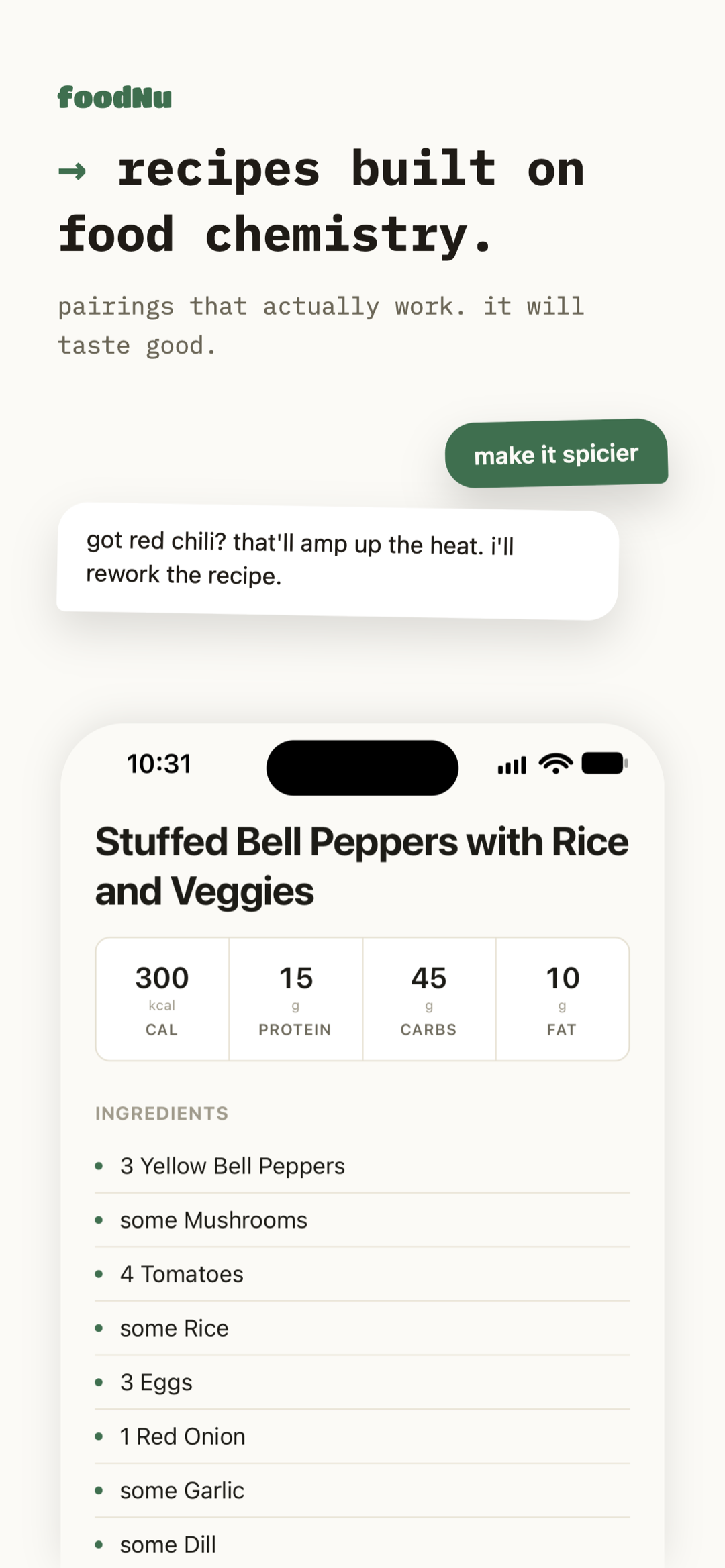 Recipe with a stuffed peppers dish and macro breakdown